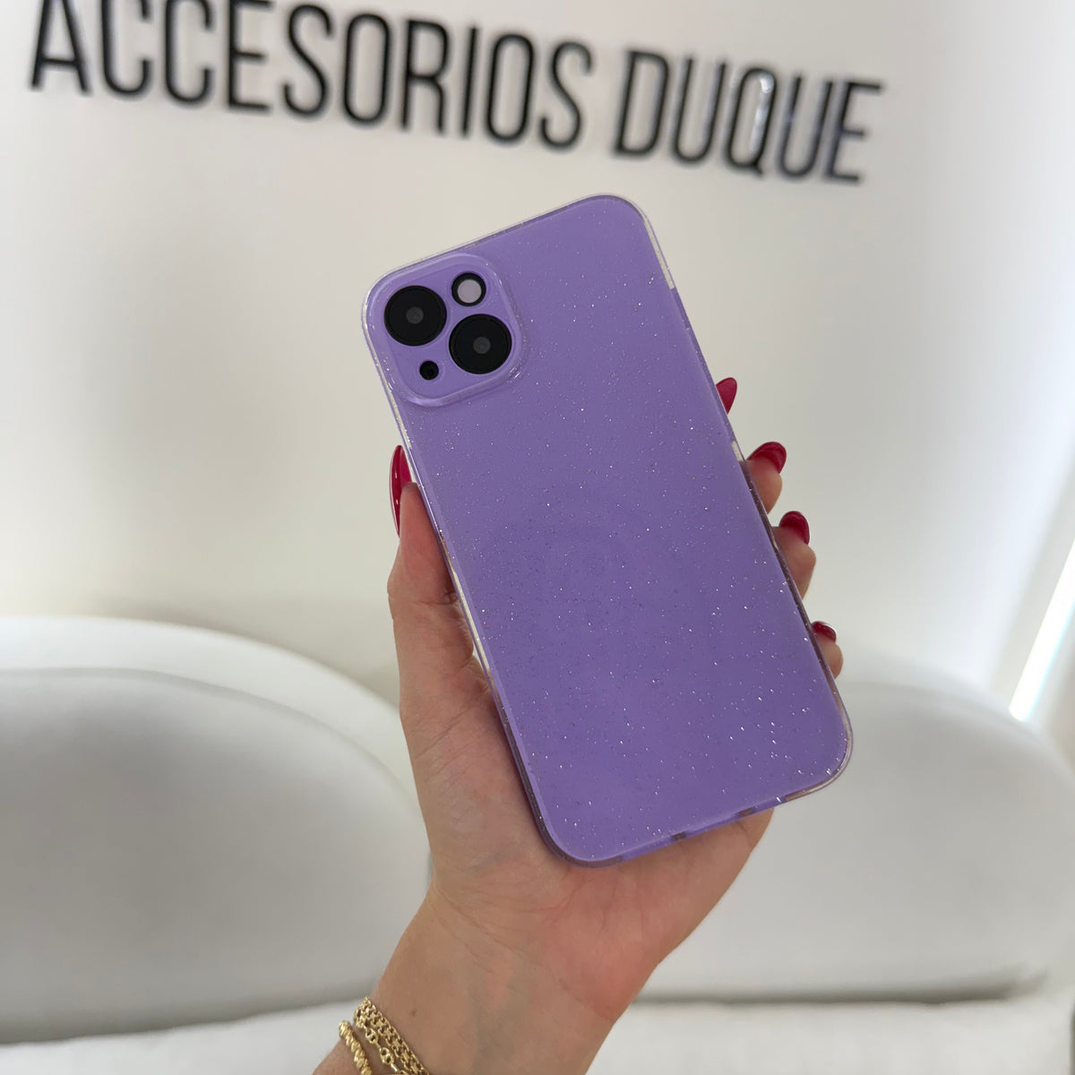 CASE IPHONE 14 PLUS DESTELLOS LILA
