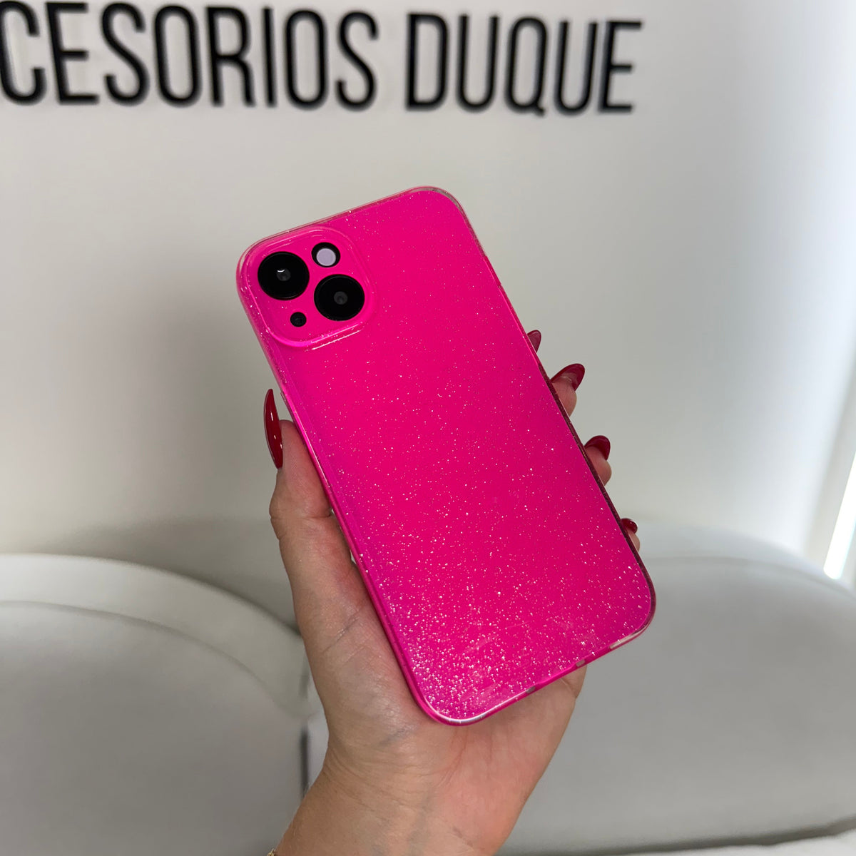 CASE IPHONE 13-14 DESTELLOS FUCSIA