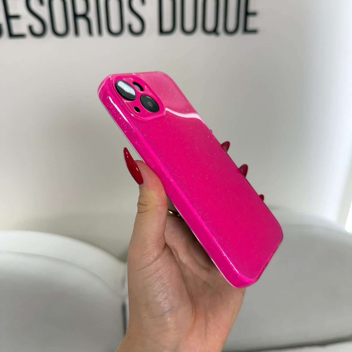 CASE IPHONE 14 PLUS DESTELLOS FUCSIA