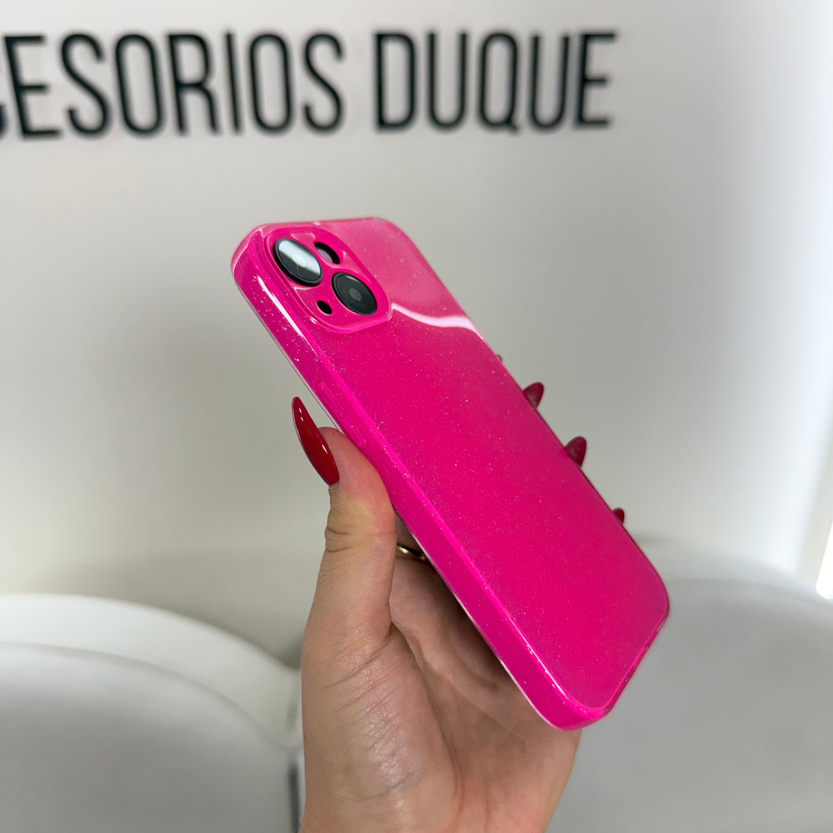 CASE IPHONE 13-14 DESTELLOS FUCSIA