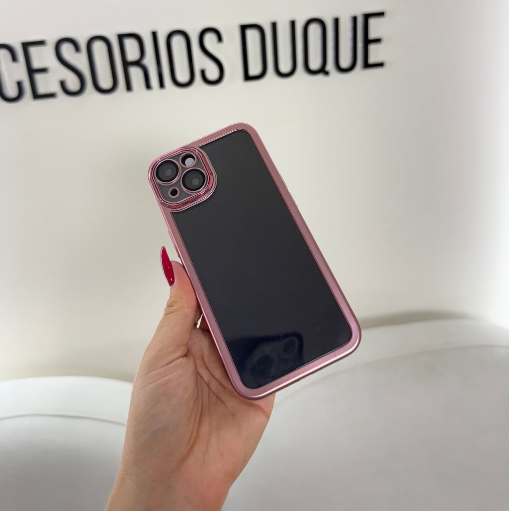 CASE IPHONE 14 PLUS BORDE METALIZADO ROSADO