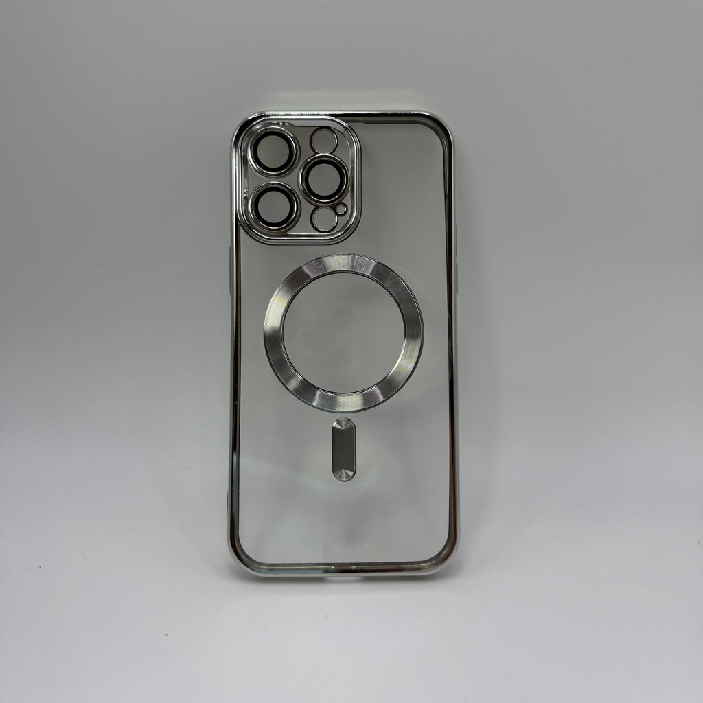 CASE IPHONE 14 PRO MAX BORDE METALIZADO MAGSAFE PLATEADO