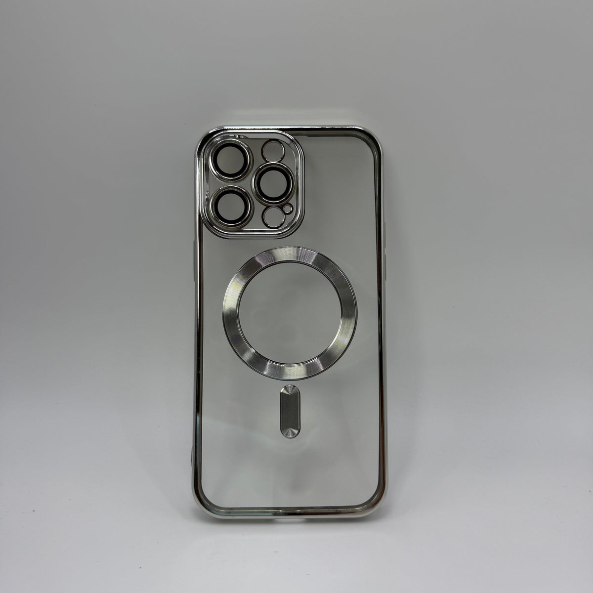 CASE IPHONE 15 PRO MAX BORDE METALIZADO MAGSAFE PLATEADO