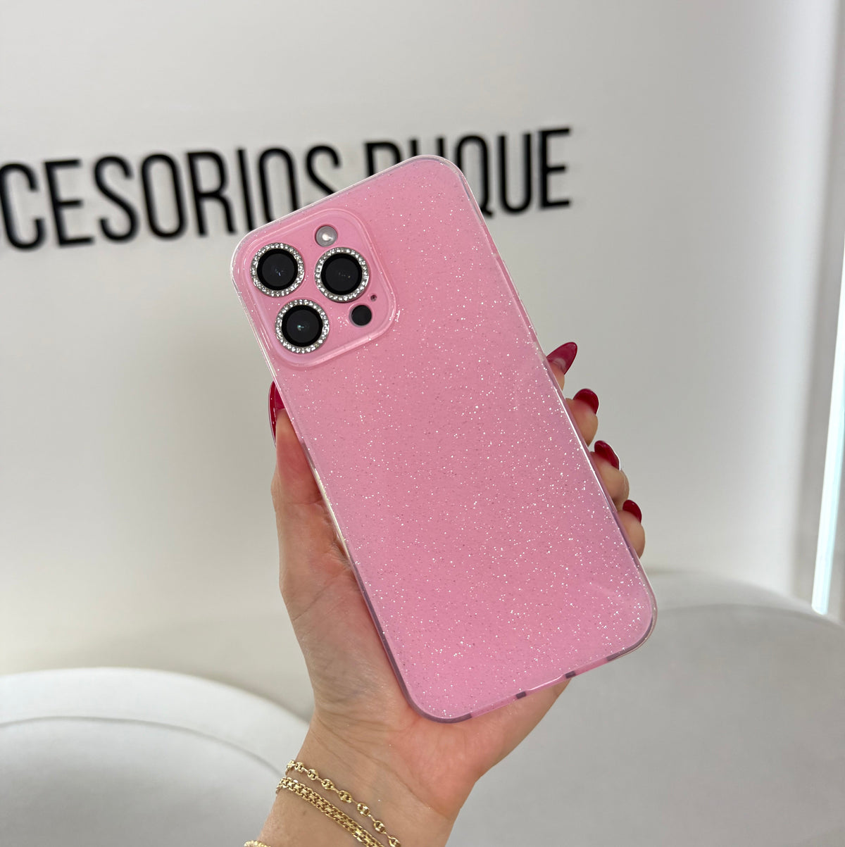 CASE IPHONE 14 PRO DESTELLOS ROSADO