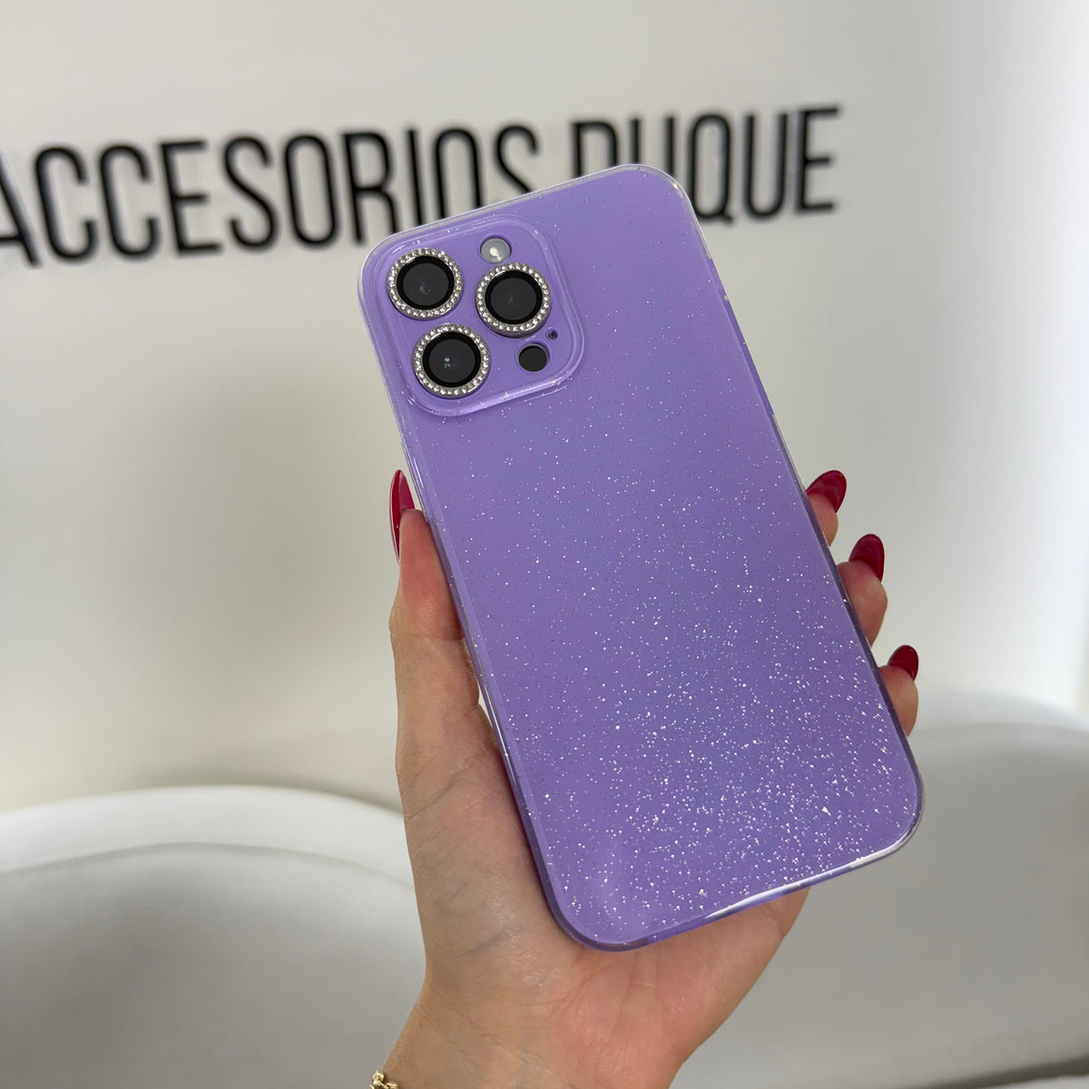 CASE IPHONE 14 PRO MAX DESTELLOS LILA