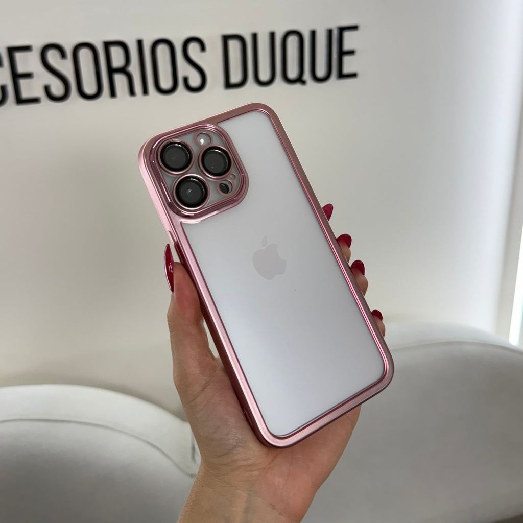 CASE IPHONE 13 PRO BORDE METALIZADO ROSADO