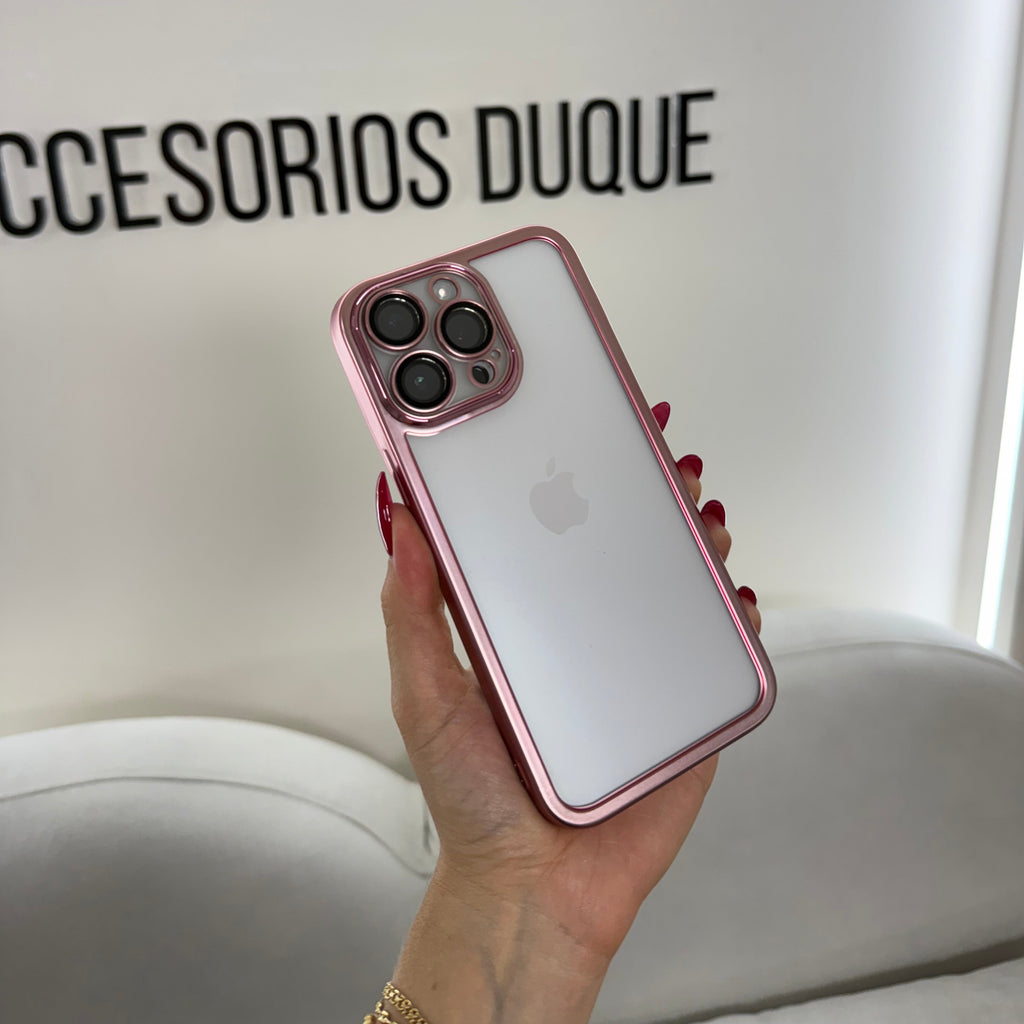 CASE IPHONE 14 PRO BORDE METALIZADO ROSADO