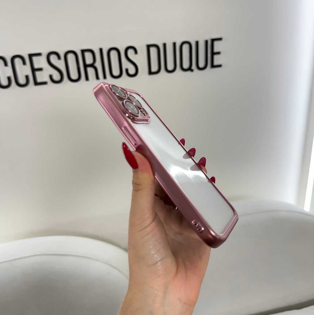 CASE IPHONE 14 PRO BORDE METALIZADO ROSADO