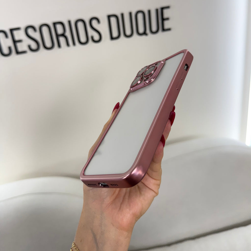 CASE IPHONE 14 PRO MAX BORDE METALIZADO ROSADO