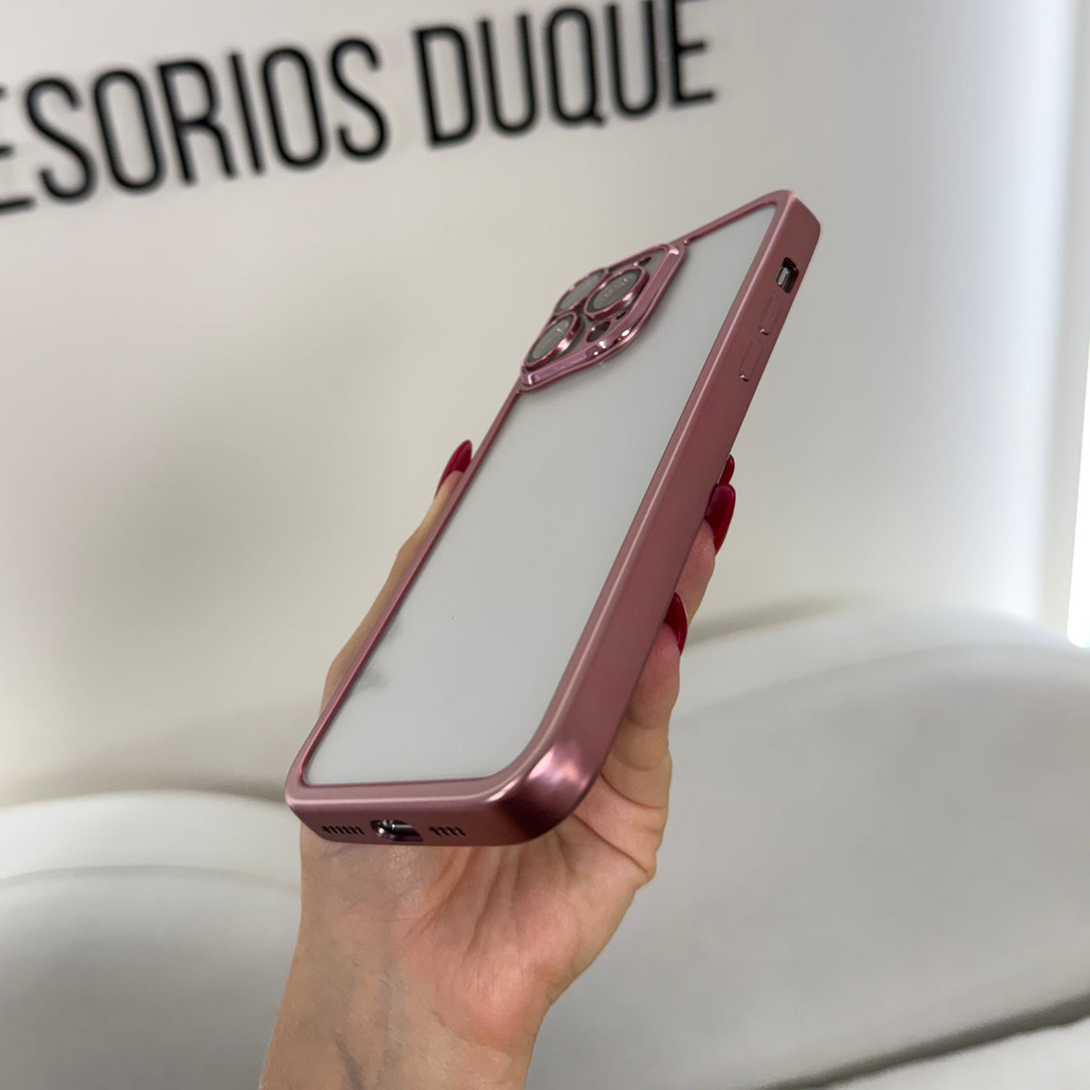 CASE IPHONE 13 PRO BORDE METALIZADO ROSADO