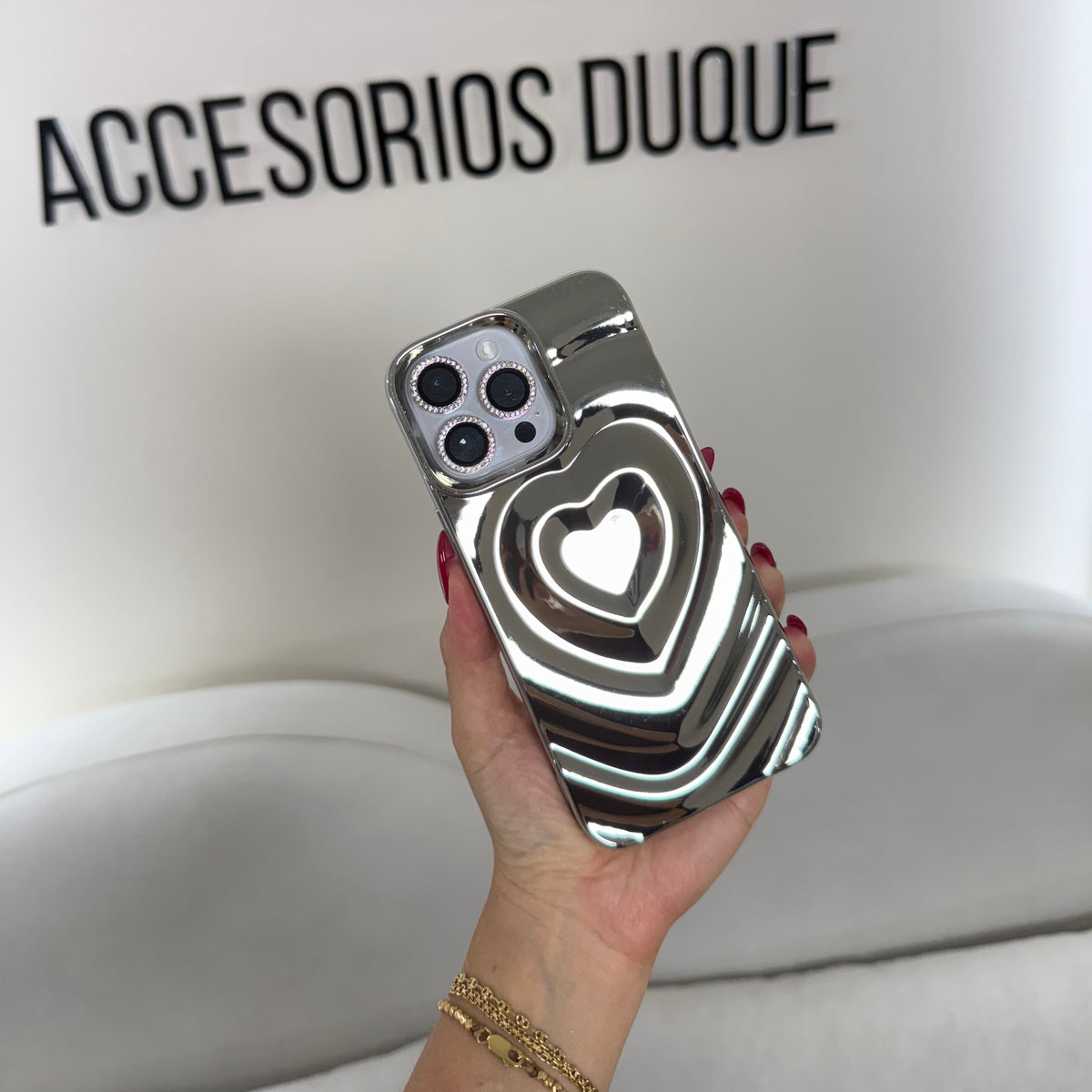 CASE IPHONE 14 PRO LOVE 3D PLATEADO