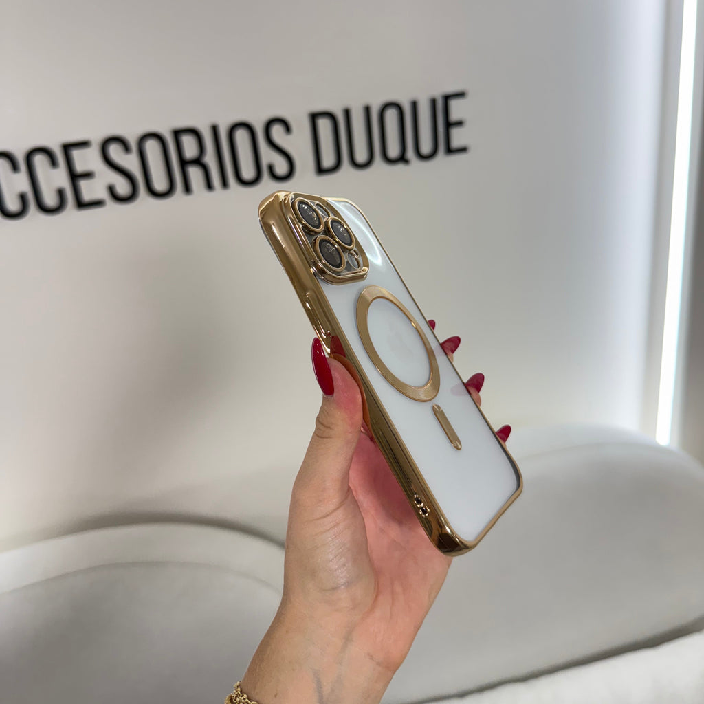 CASE IPHONE 15 PRO BORDE METALIZADO MAGSAFE DORADO