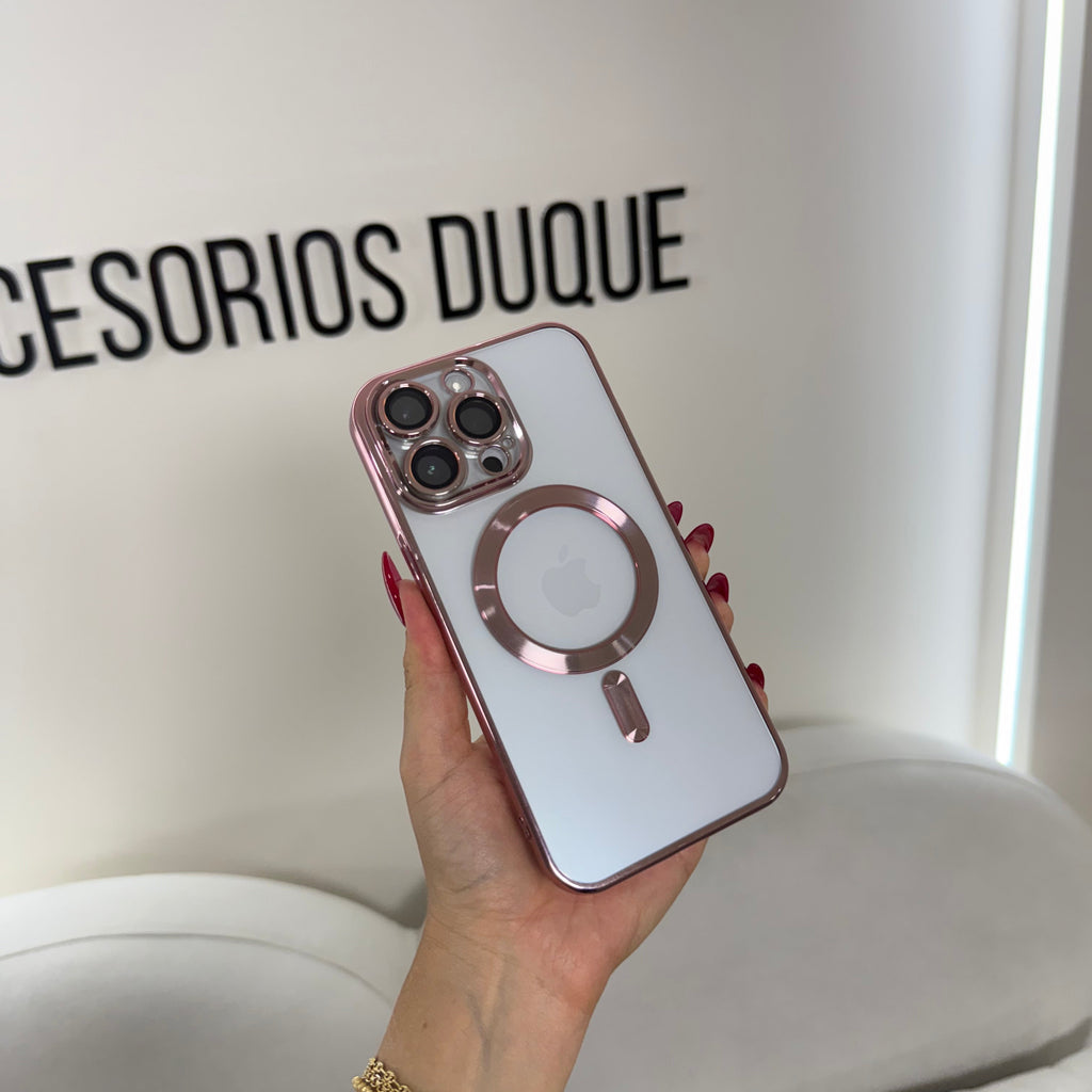 CASE IPHONE 15 PRO MAX BORDE METALIZADO MAGSAFE ROSADO