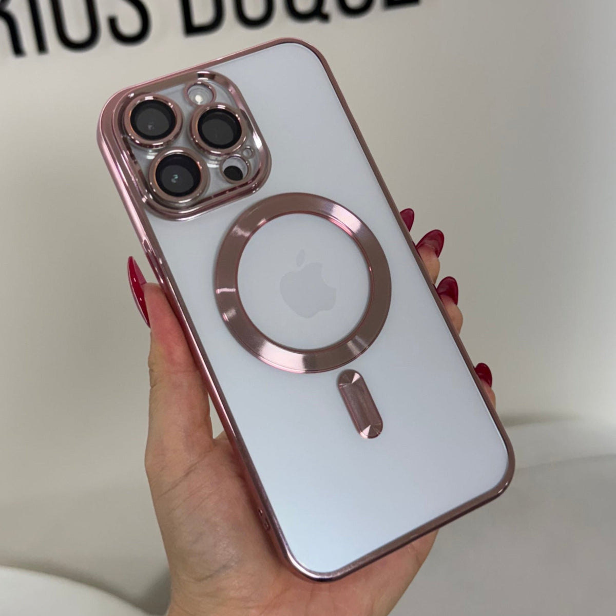 CASE IPHONE 13 PRO MAX BORDE METALIZADO MAGSAFE ROSADO