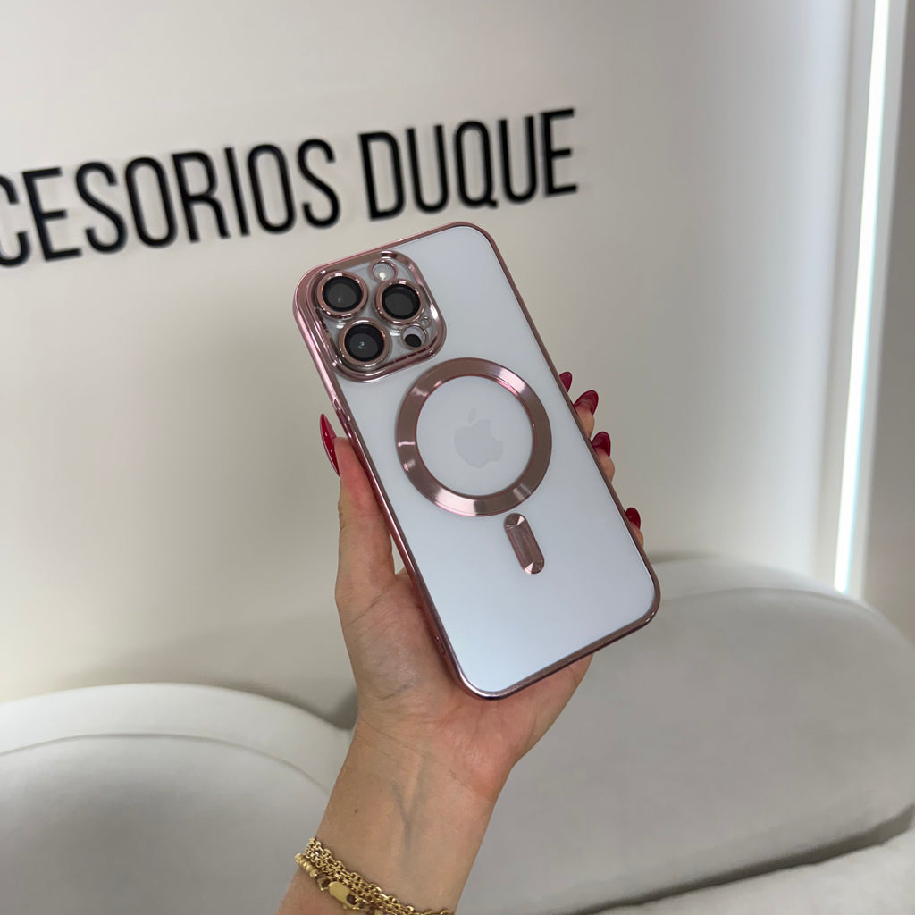 CASE IPHONE 14 PRO BORDE METALIZADO MAGSAFE ROSADO