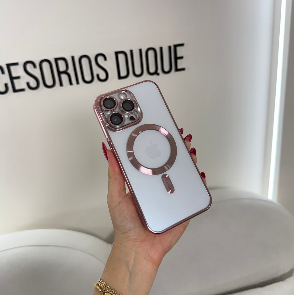 CASE IPHONE 14 PRO MAX BORDE METALIZADO MAGSAFE ROSADO