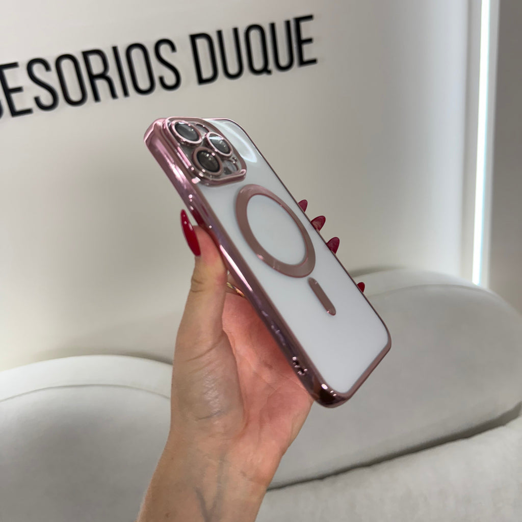 CASE IPHONE 14 PRO MAX BORDE METALIZADO MAGSAFE ROSADO
