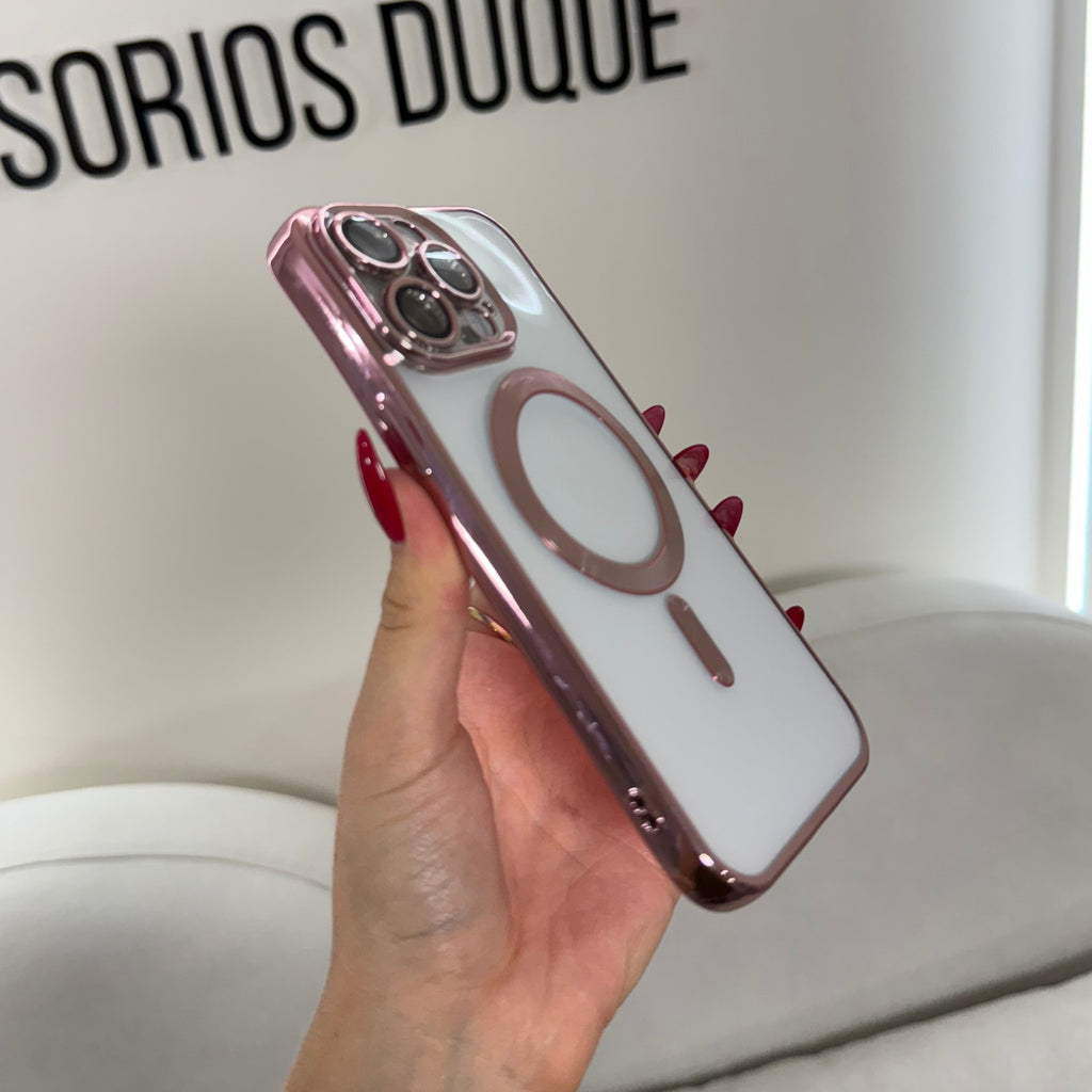 CASE IPHONE 13 PRO MAX BORDE METALIZADO MAGSAFE ROSADO