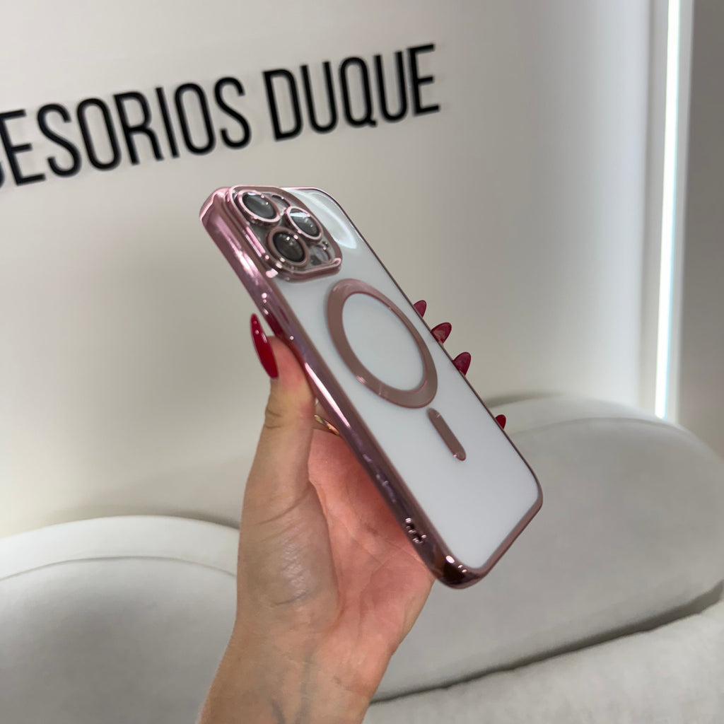 CASE IPHONE 14 PRO BORDE METALIZADO MAGSAFE ROSADO