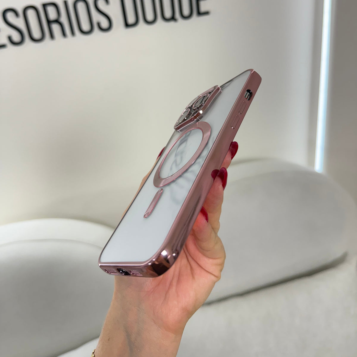 CASE IPHONE 15 PRO BORDE METALIZADO MAGSAFE ROSADO