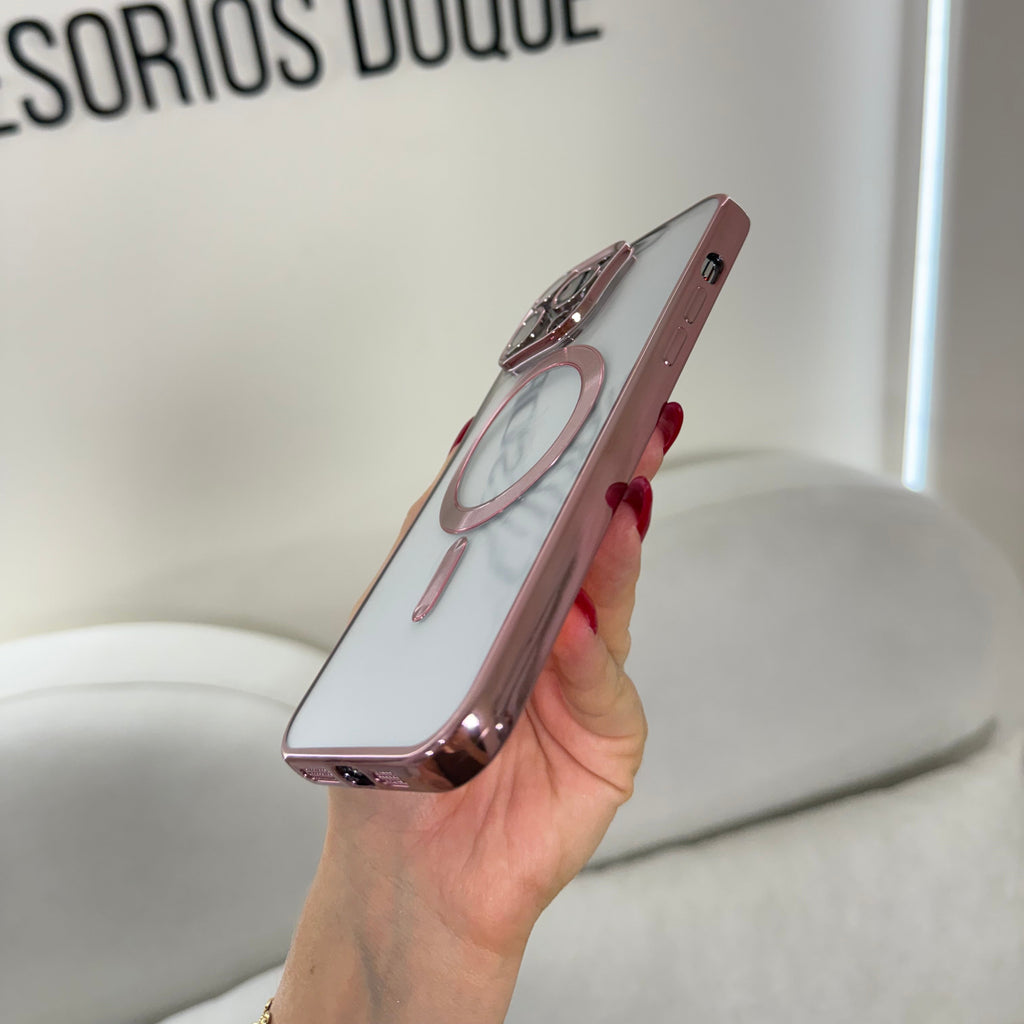 CASE IPHONE 15 PRO MAX BORDE METALIZADO MAGSAFE ROSADO