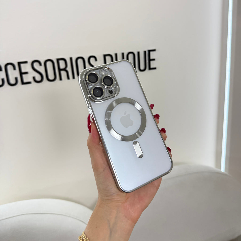 CASE IPHONE 14 PRO BORDE METALIZADO MAGSAFE  PLATEADO