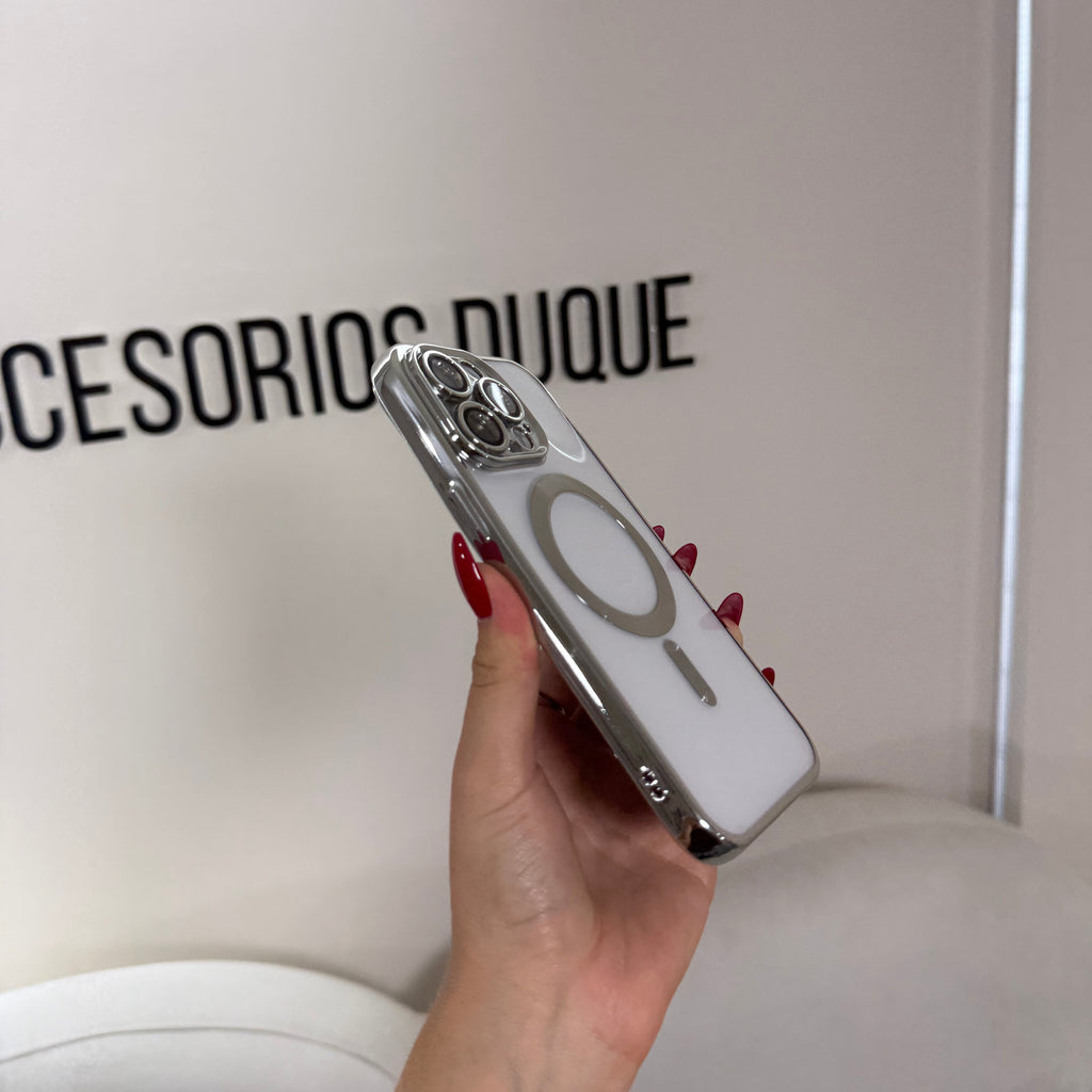 CASE IPHONE 14 PRO BORDE METALIZADO MAGSAFE  PLATEADO