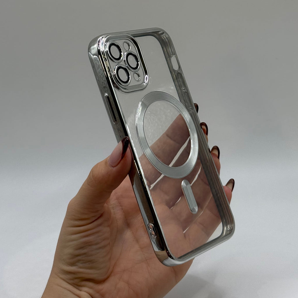 CASE IPHONE 11 PRO MAX BORDE METALIZADO MAGSAFE PLATEADO