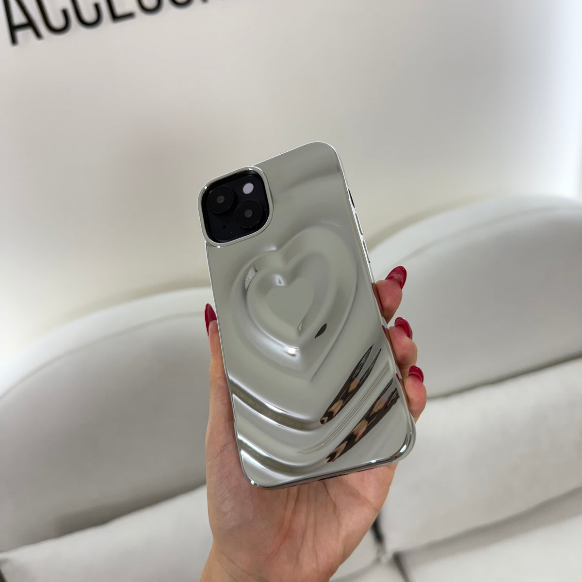 CASE IPHONE 13-14 LOVE 3D PLATEADO
