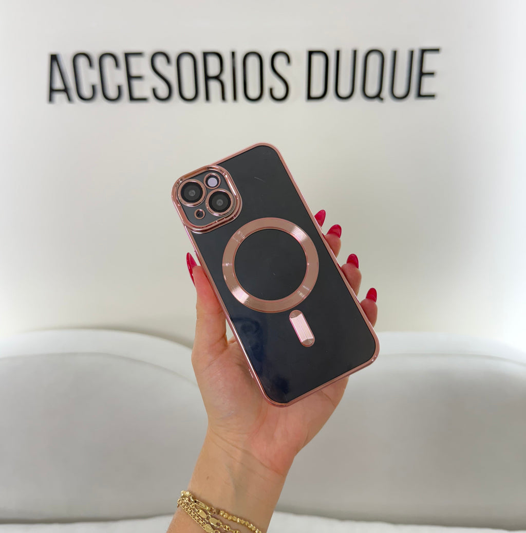 CASE IPHONE 15 BORDE METALIZADO MAGSAFE ROSADO