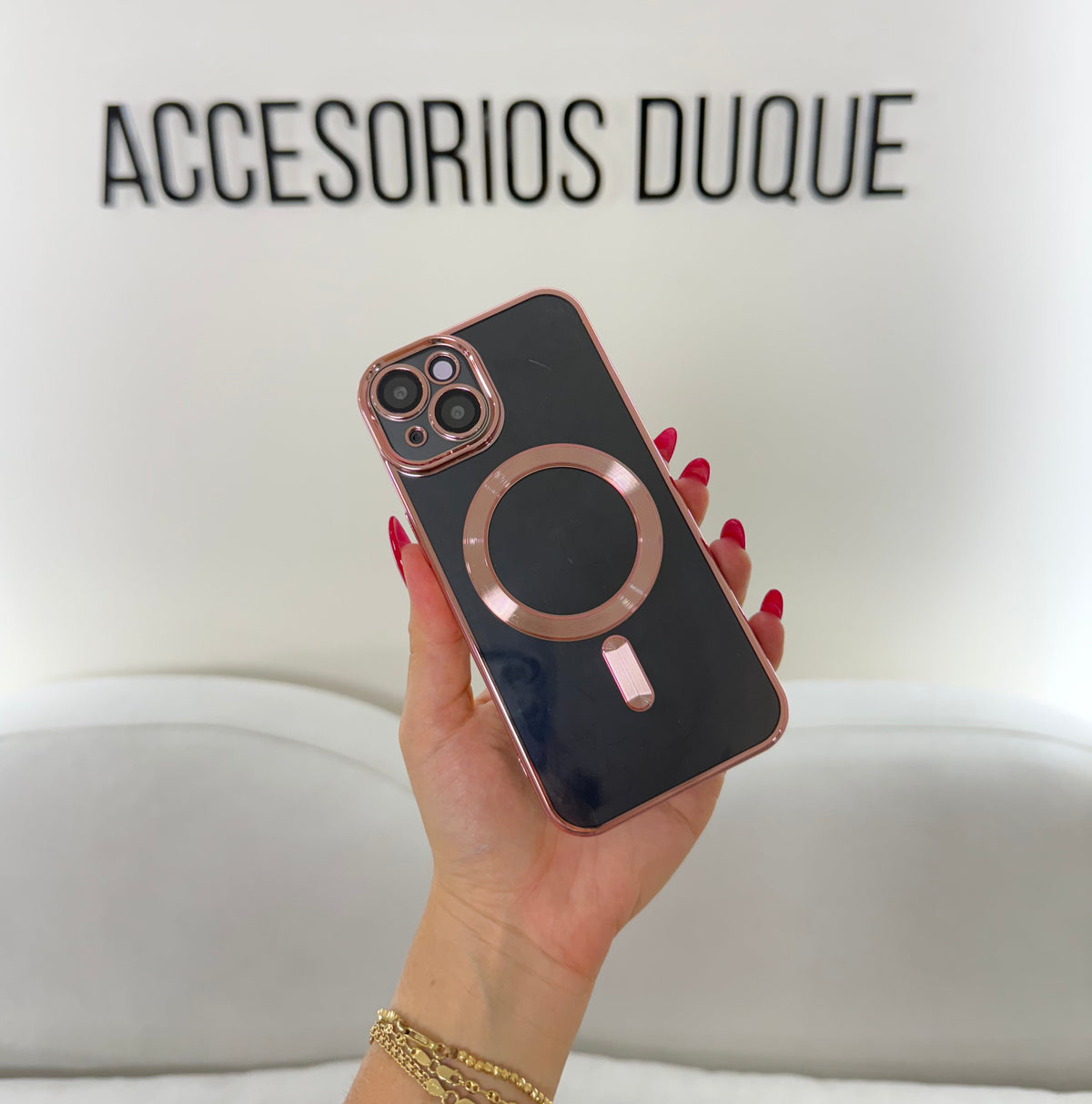 CASE IPHONE 14 PLUS BORDE METALIZADO MAGSAFE ROSADO