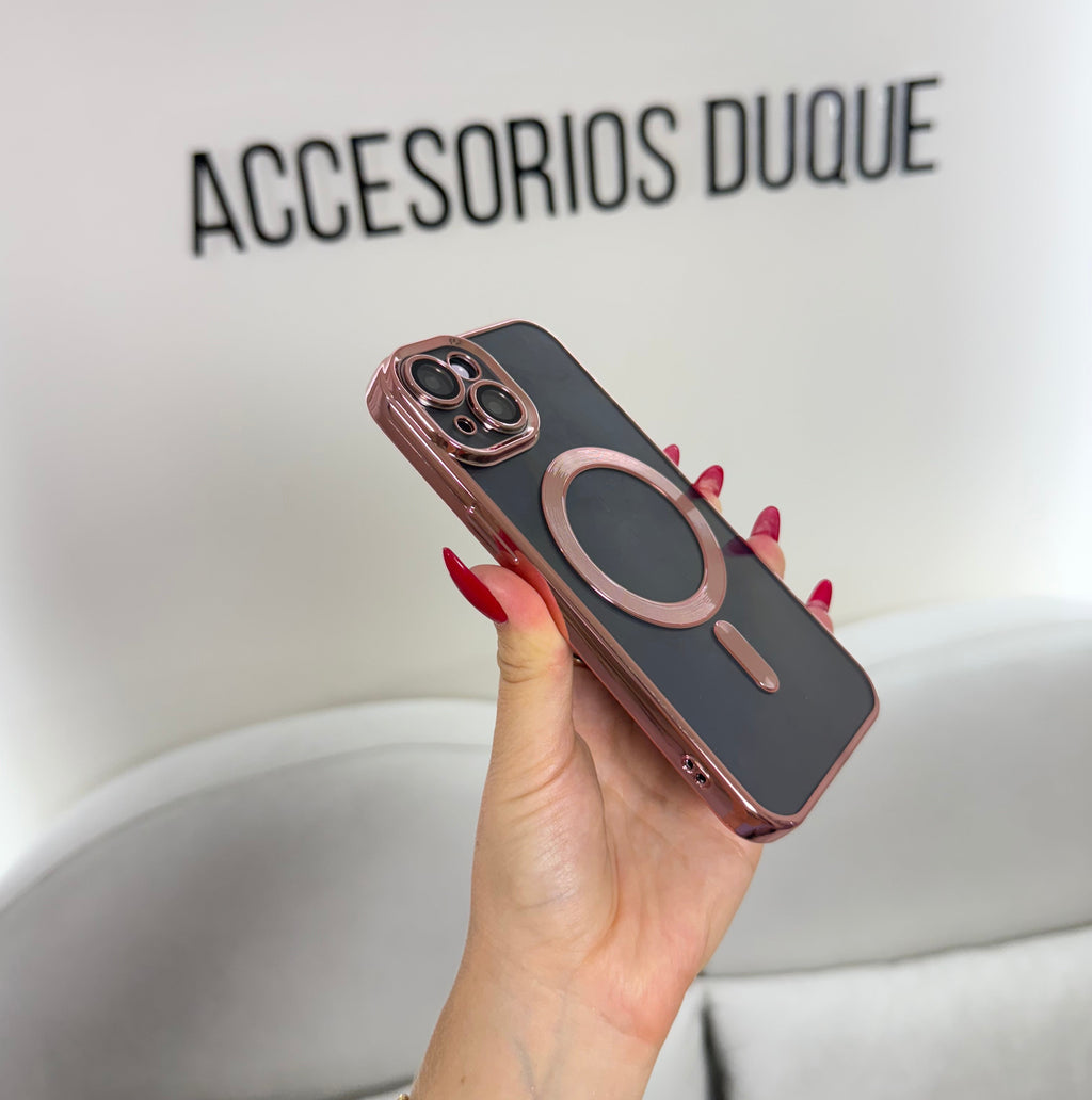 CASE IPHONE 15 BORDE METALIZADO MAGSAFE ROSADO