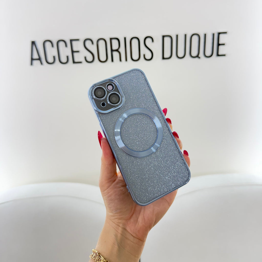 CASE IPHONE 15 BORDE METALIZADO MAGSAFE BRILLOS AZUL