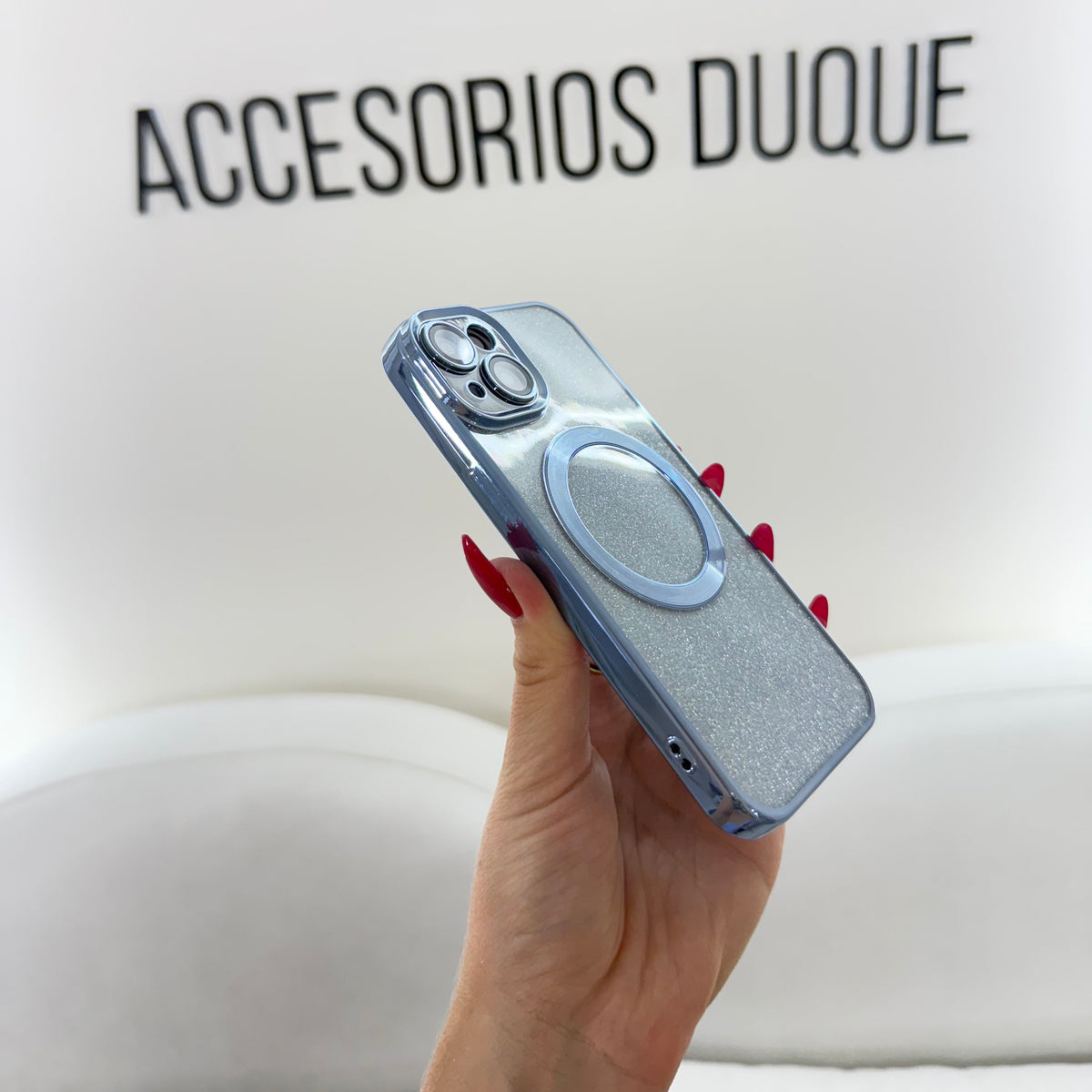 CASE IPHONE 15 BORDE METALIZADO MAGSAFE BRILLOS AZUL